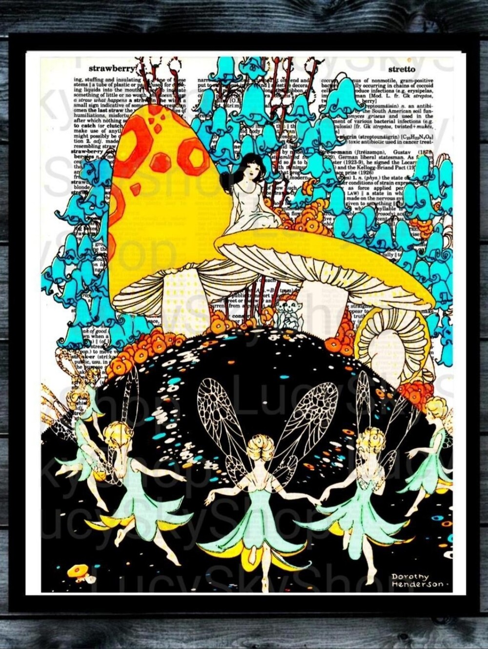 Wild Mushroom Fairies Princess Vintage Illustration on Book Page Nature Pop Art